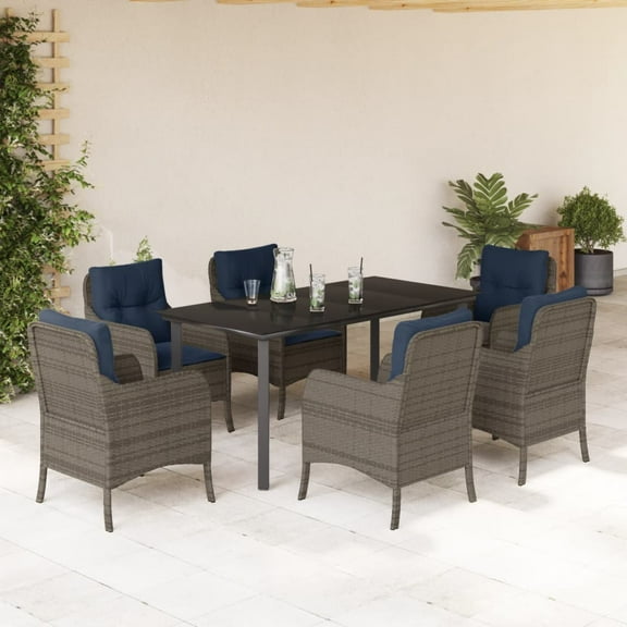 vidaXL 7 Piece Patio Dining Set with Cushions Gray Poly Rattan
