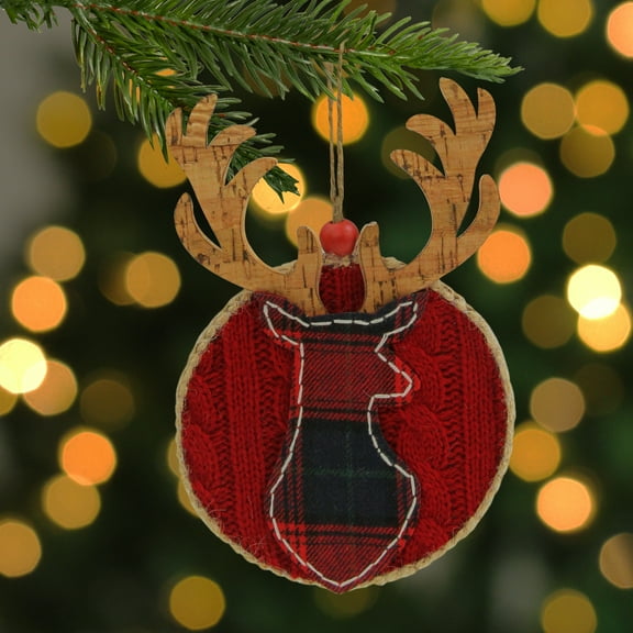 Northlight Cable Knit Plaid Reindeer Christmas Ornament - 6" - Red