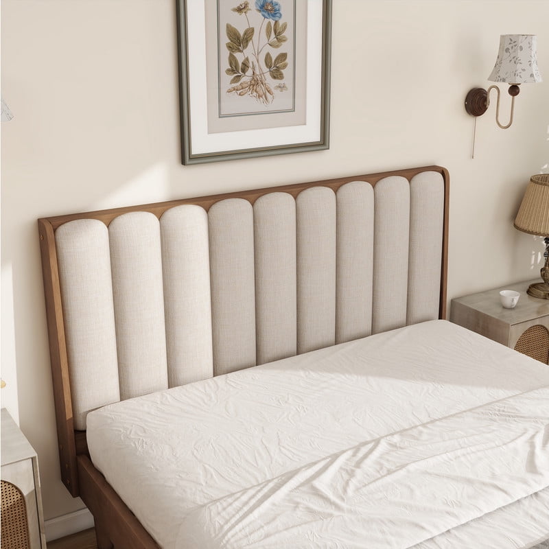 Queen Size Wood Bed Frame with Piano Key Designed Upholstered Tall Headboard, Low-Profile Platform Bed with Under-Bed Space
