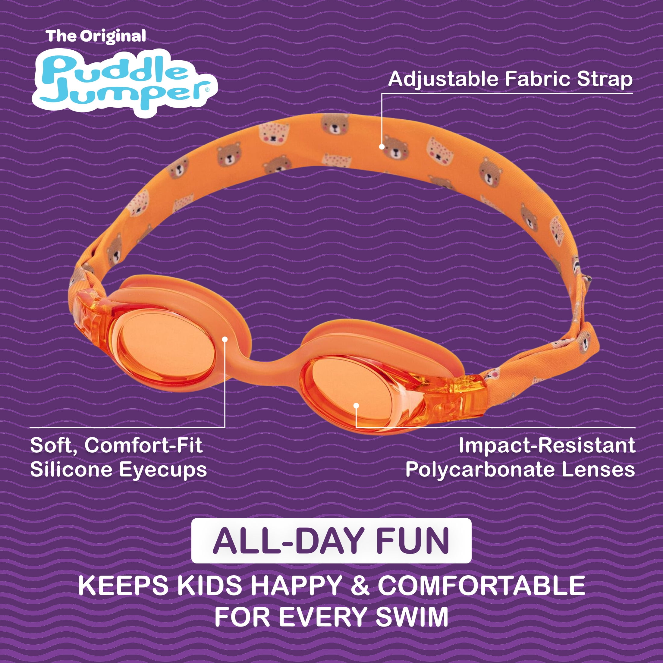 Puddle Jumper Child Fabric Swim Goggles, Non-Latex and Non-PVC, Kids Ages 3+, 3-Pack