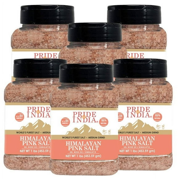 Pride Of India - PACK of 6 - Dark Himalayan Pink Salt - Enriched w/ 84+ Natural Minerals, Medium Grind 2-3mm - 1 Pound (16 oz) Dual Sifting Jar - Great for Grinders, Best for Kitchens & Restaurants