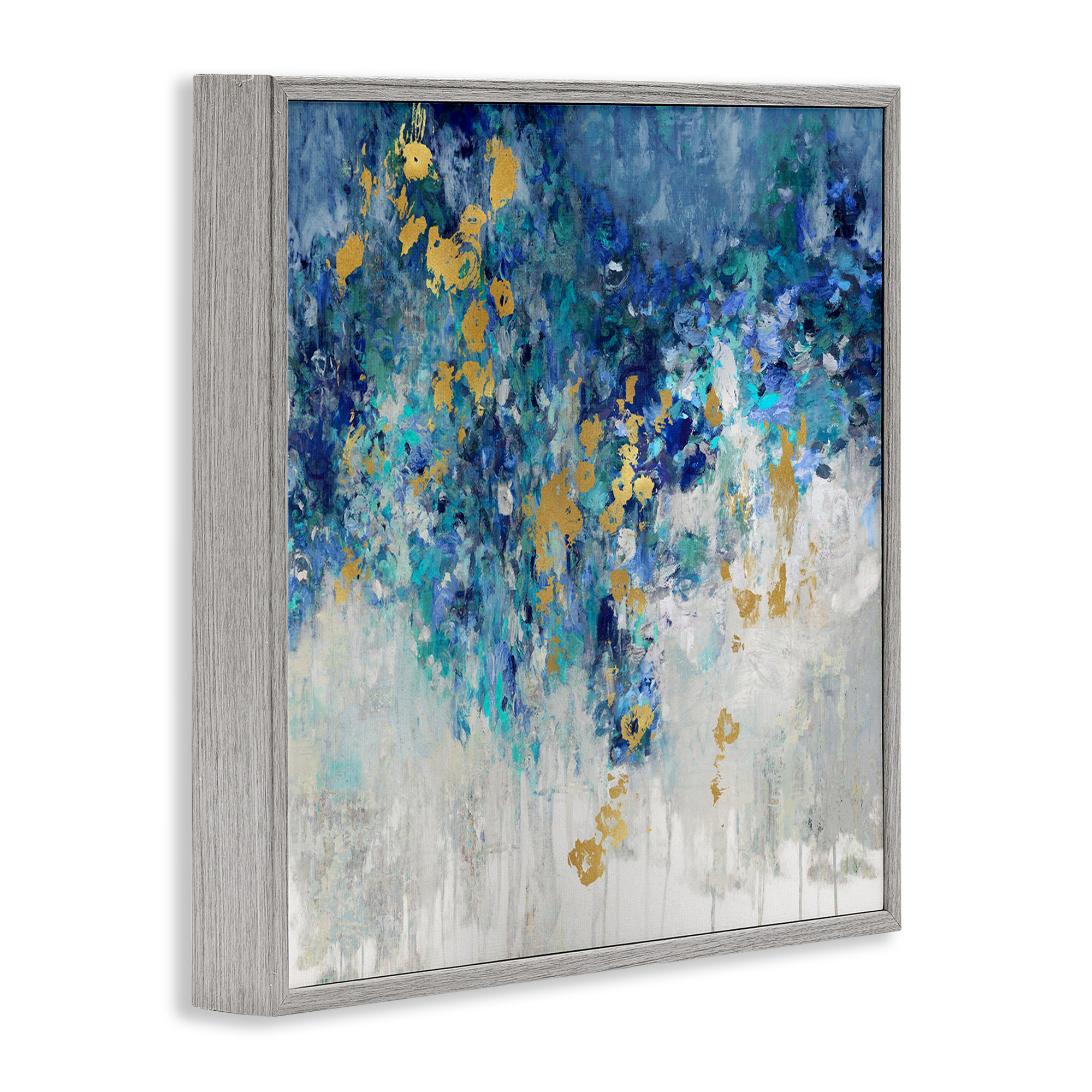Stupell Industries Abstract Blue Gold Paint Design Abstract Painting Gray Framed Art Print Wall Art, 24 x 24