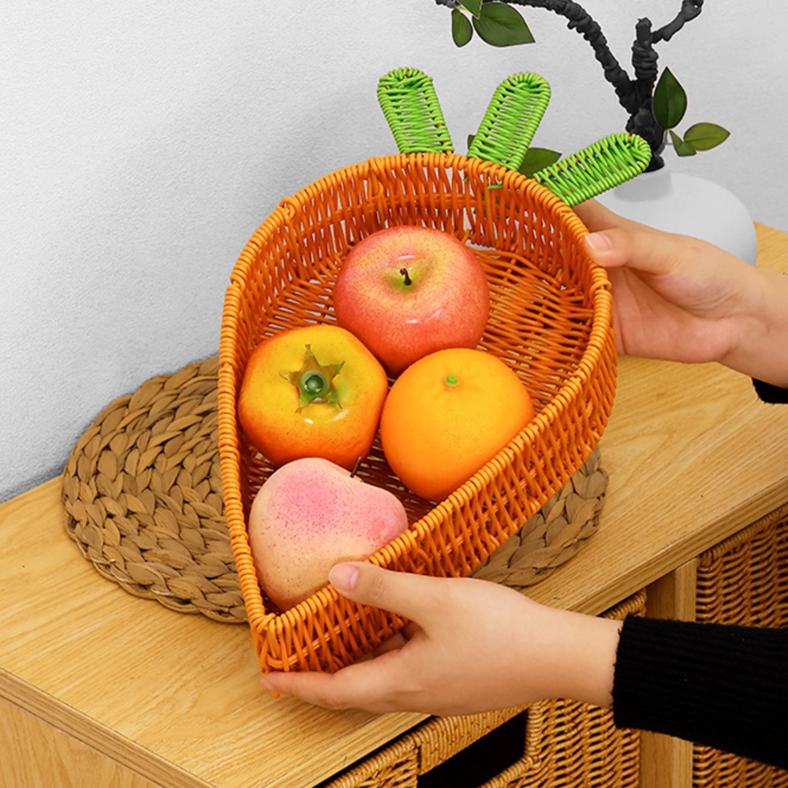 Nilvkv Easter Decorations, Radish Shaped Bamboo Fruit Basket Handwoven Natural Rattan Stand Kitchen Counter Decor Snack Storage Organizer