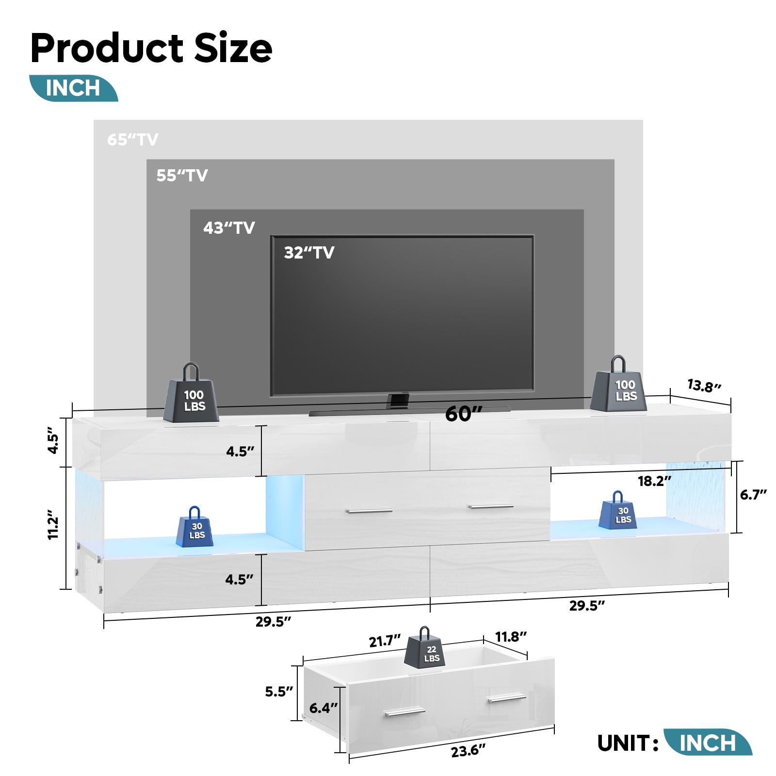 Bestier White TV Stand for TVs up to 65", Modern Entertainment Center for TVs with LED Light, High Gloss TV Console Table with Storage Drawers