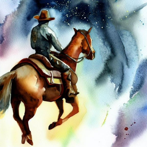 Cowboy Riding A Horse Watercolor Painting III - 12" x 12" Wall Decor