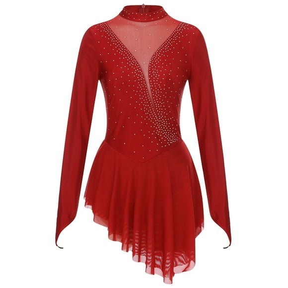 zdhoor Robe de Patinage Artistique pour Femmes Costume de Compétition de Danse Robe à Manches Longues en Patchwork de Maille Transparente Bourgogne m