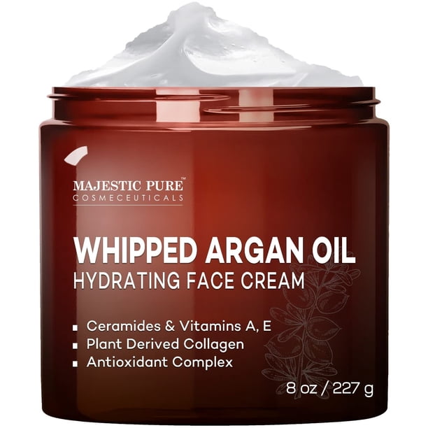 Majestic Crema facial hidratante de aceite de argán batido puro para mujeres y hombres, con vitamina E A, colágeno y ceramidas, hidrata la piel seca, la piel grasa reduce la apariencia de líneas finas