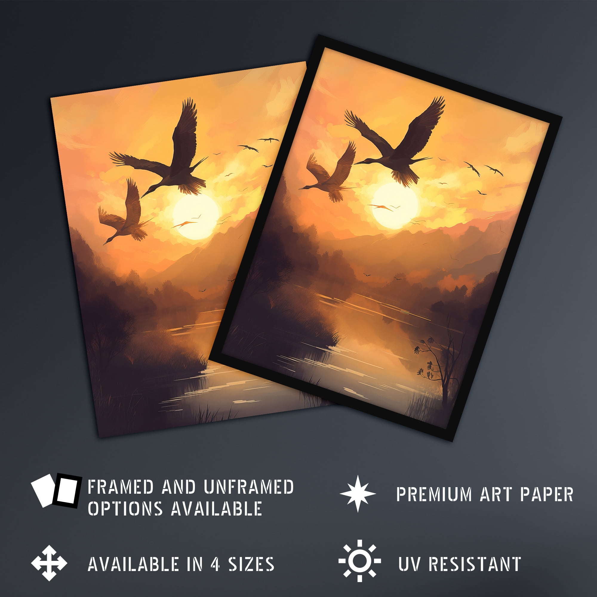 Cranes Soaring Against a Golden Sunset Sky Atmospheric Painting