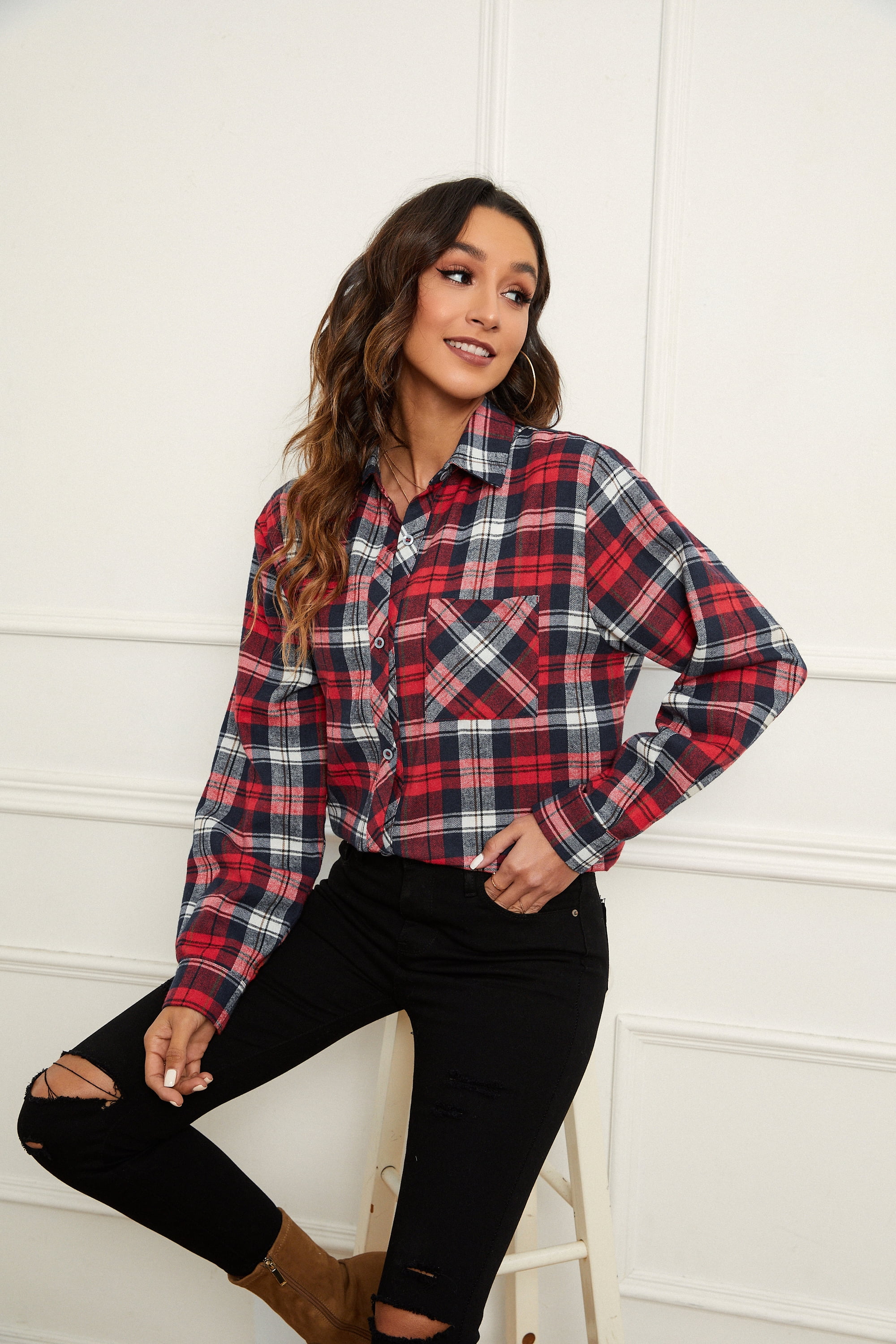 Flannel Shirt Womens Plaid Long Sleeve Regular Fit Button Down Casual