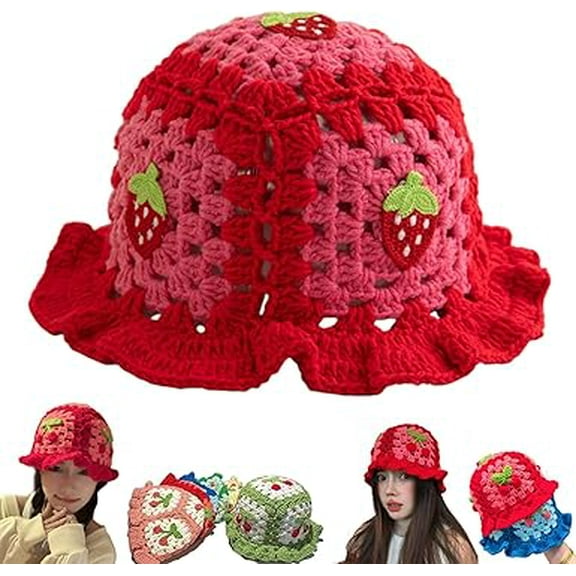 Strawberry Crochet Hat,Strawberry Shortcake Bucket Hat for Women,Cute Knitted Handmade Hats Winter