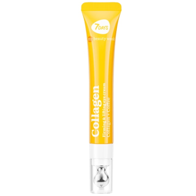 Crema para Ojos Cólágeno 7days reafirmante y lifting en tubo amarillo de 18 ml con aplicador metálico frío 2-en-1 para masaje 3D, contiene colágeno, vitamina C, cafeína y péptidos que mejoran elasticidad y reducen bolsas y ojeras, ideal para cuidado diario.