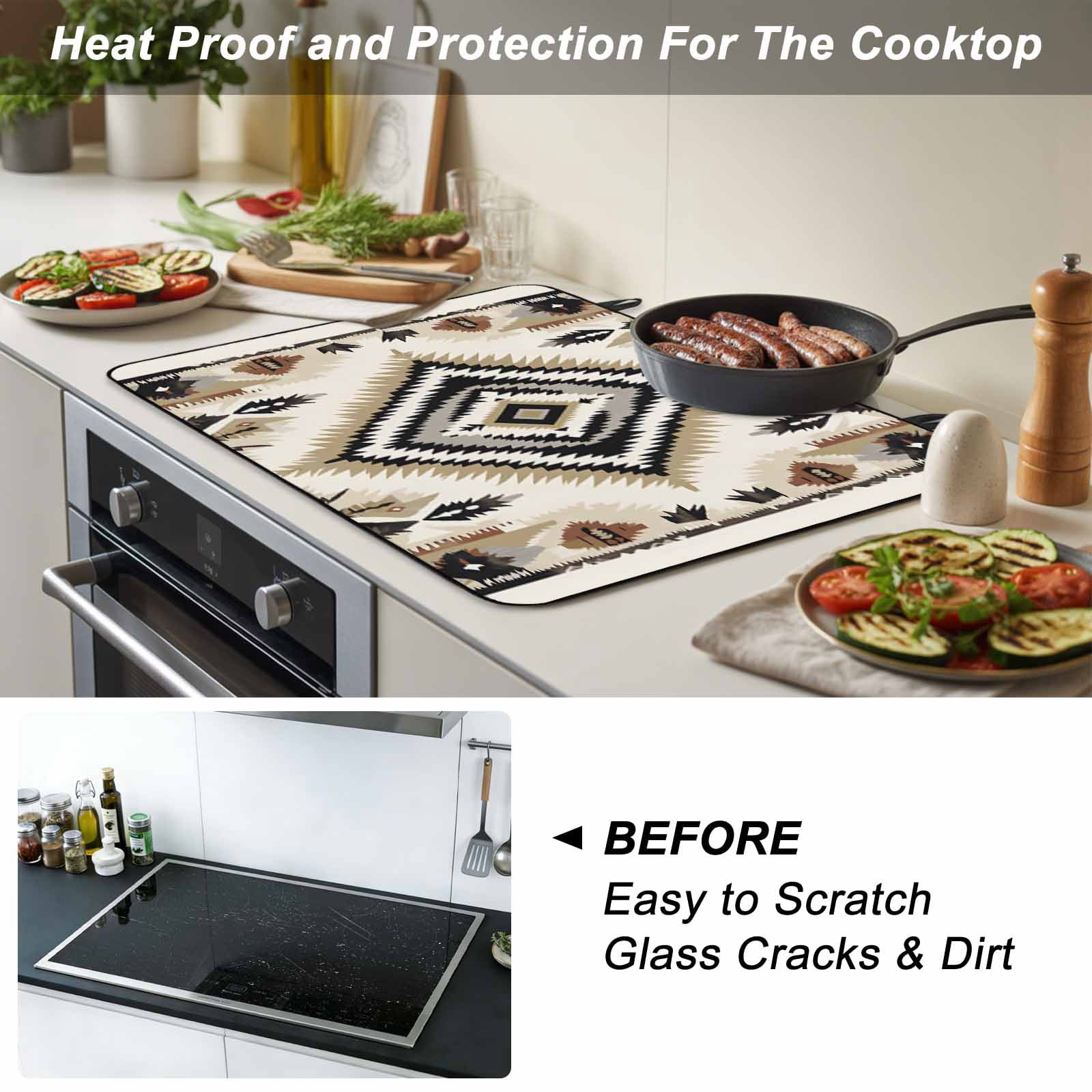 Boho Black Brown Stove Top Cover for Electric Stove, Heat-proof & Non Slip Glass Top Stove Cover Protector, Vintage Geometric Southwestern Ethnic Kitchen Flat Cooktop Rubber Mat 24x21 Inches