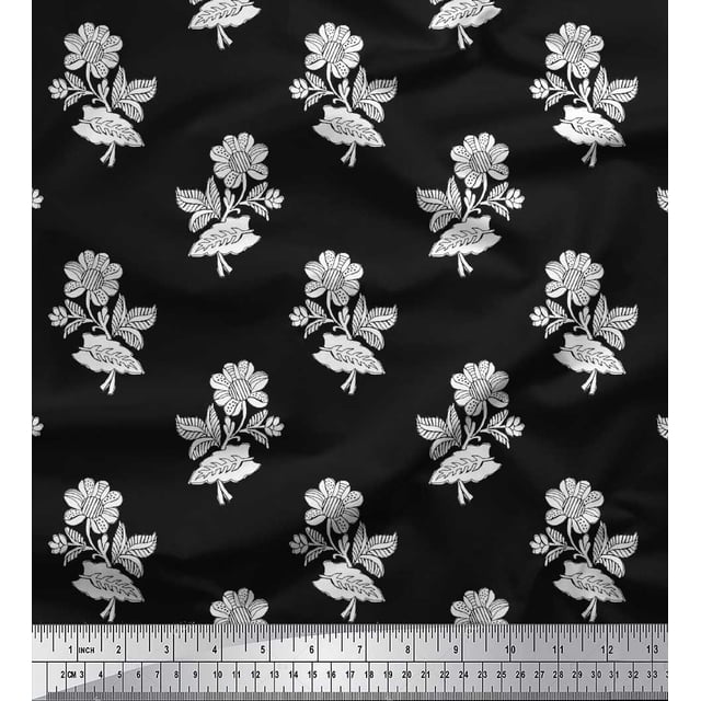Soimoi Poly Georgette Fabric Leaves & Floral Block Print Fabric by Yard 52 Inch Wide