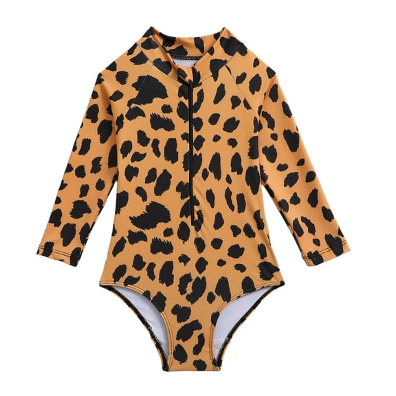 Bobifish Newborn Girls One Piece Rash Guard Swimsuit Stand Collar Half Zip Long Sleeve Leopard Print Breathable Pool Swimwear