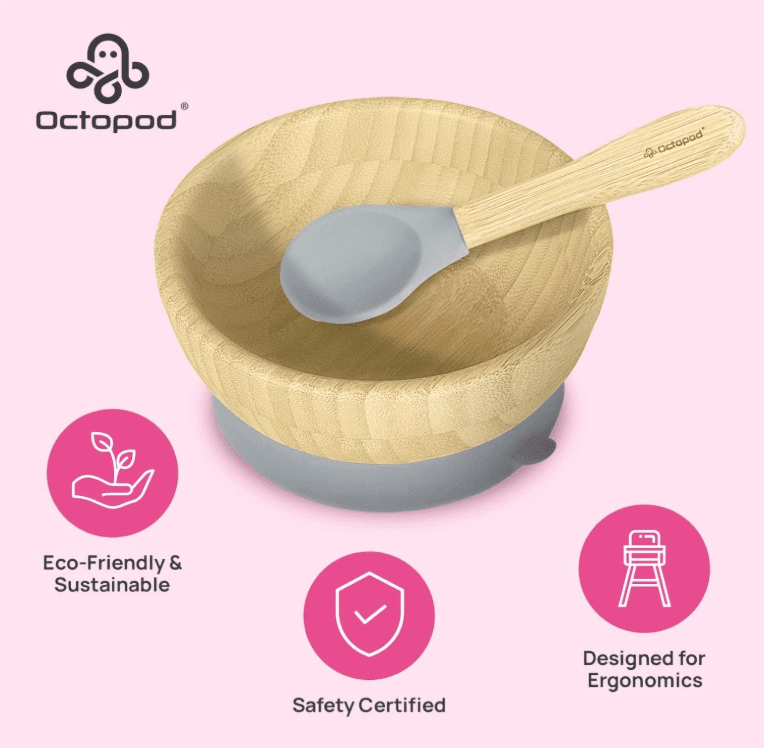 Abiie Octopod Bamboo Suction Bowl -  Baby Bowl with Suction for 4 months and up, High-Chair Bamboo Baby Plate, Mess-Free Toddler Suction Plates, Ergonomic Baby Feeding Supplies - (Grey)