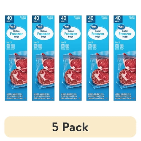 (5 pack) Great Value Freezer Guard Double Zipper Freezer Bags, Gallon, 40 Count
