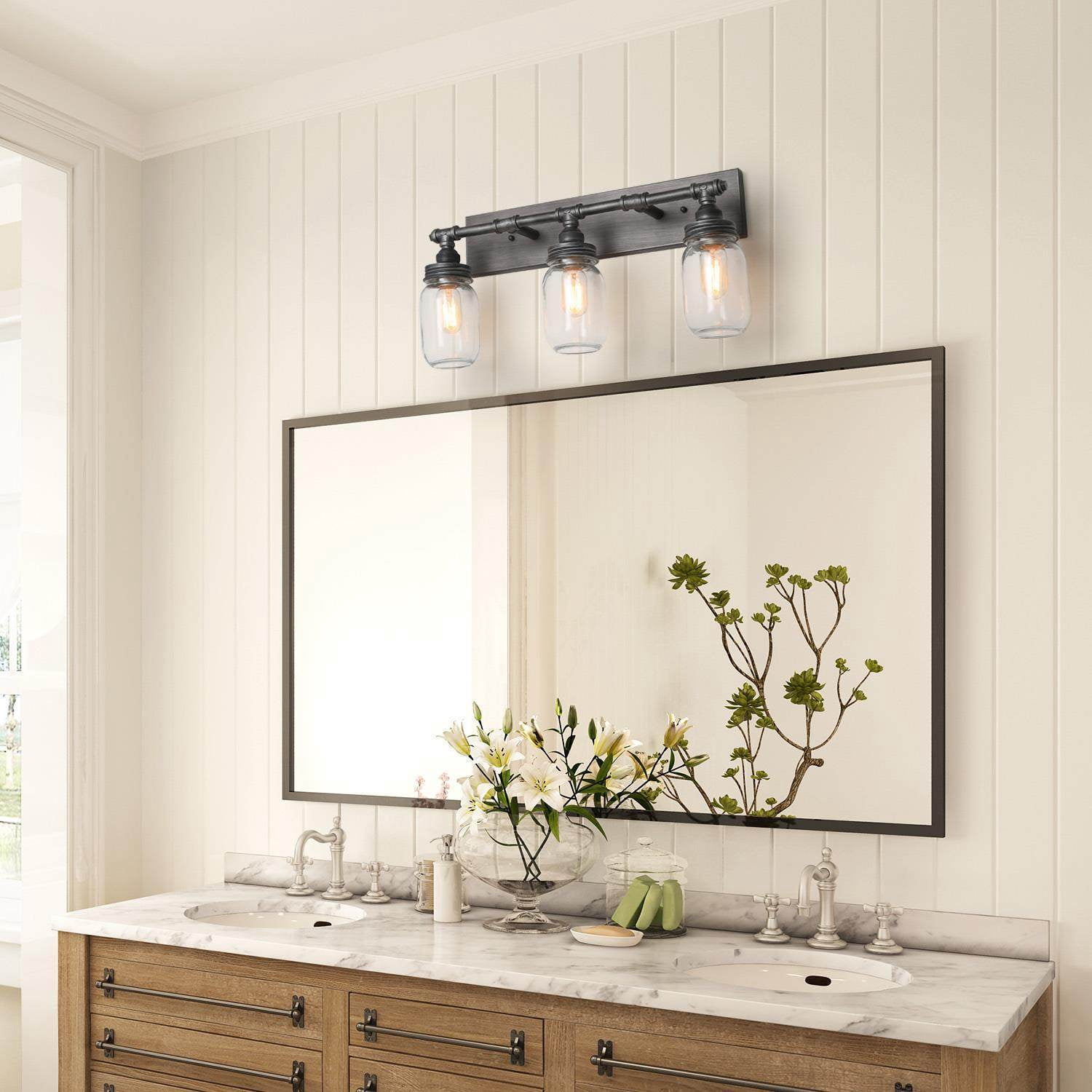 LNC 3-Light Brushed Gray Farmhouse Bathroom Vanity Light with Mason Jar Glass