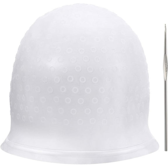 Silicone Highlight Cap Reusable Highlight Hair Cap Salon Hair Coloring Dye Cap with Hooks for Women Girls Dyeing Hair(White)