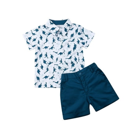 

Inevnen Toddler Baby Boy Dinosaur Short Sleeve Button Down Shirt Casual Shorts Set Summer Outfits