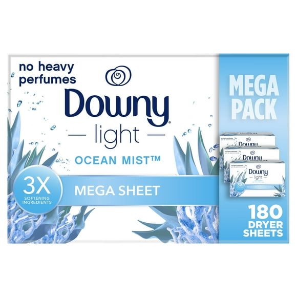 Downy Light Mega Dryer Sheets Fabric Softener Dryer Sheets Ocean Mist 180 Count