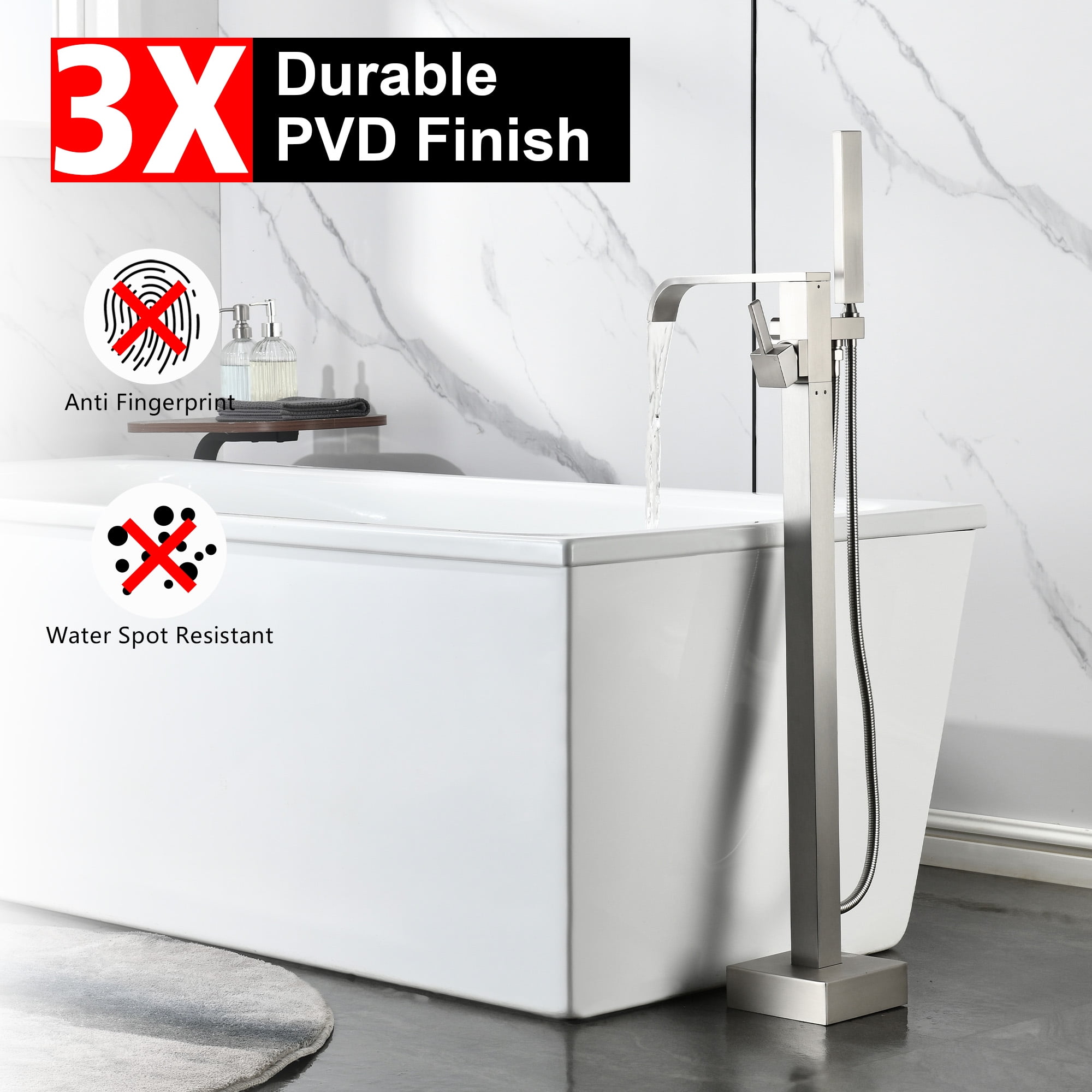 SUMERAIN Modern Floor Mount Bathtub Faucet in Brushed Nickel Finish, Single Handle Waterfall Freestanding Bathroom Tub Filler Faucet with Hand Shower, High Flow