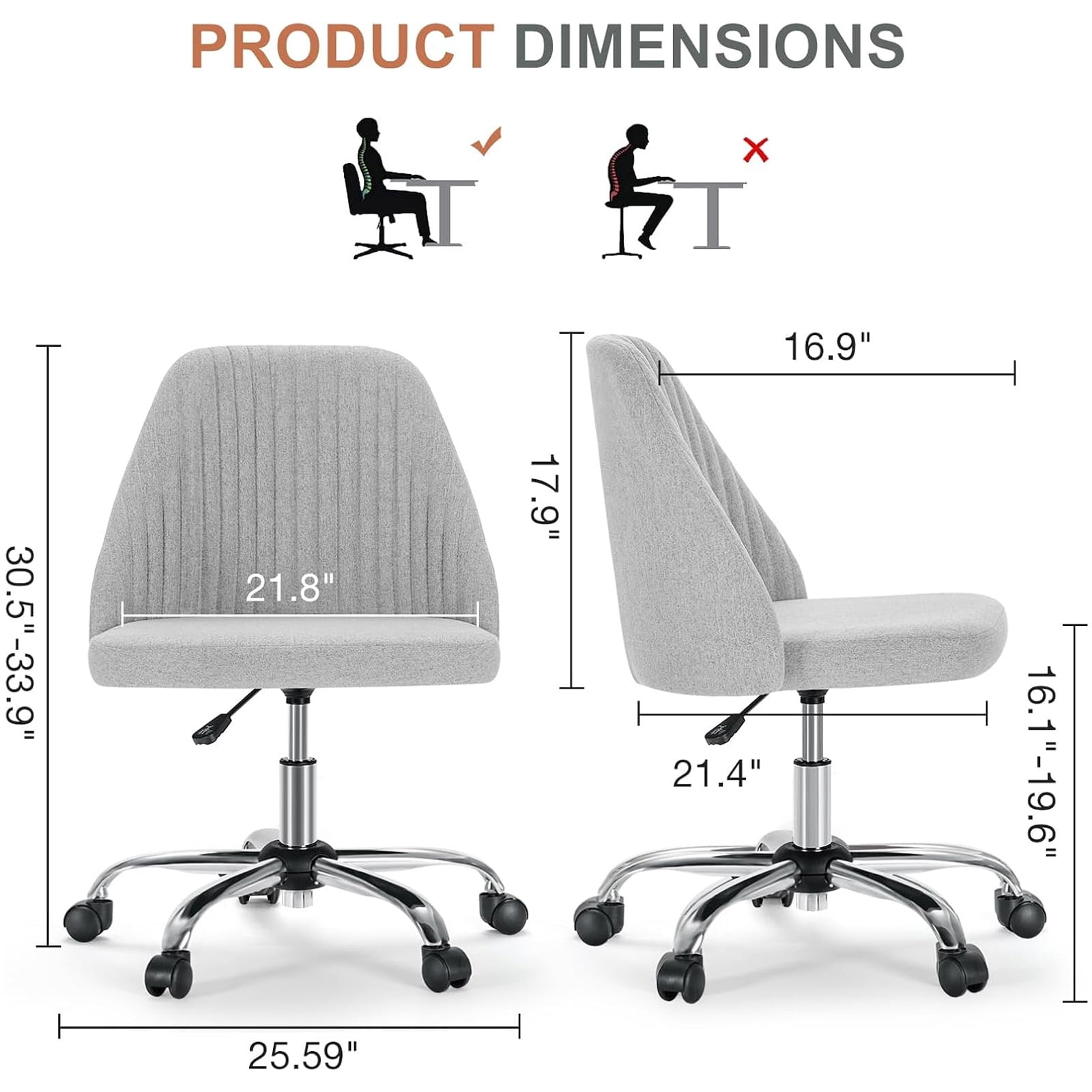Casabay Armless Office Chair, Extra Cushion Padded Compact Upholstered Desk Chair with Back Support, Rolling Swivel Vanity Chair for Home Office, Gray