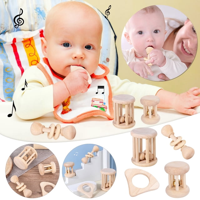 Xihbxyly Lista de Deseos Sonajero de Madera para Bebé, Juguete de Madera con Forma de Tronco, Sonajero de Mano, Juego de 4 Piezas de Juguetes de Madera para La Comodidad Del Bebé