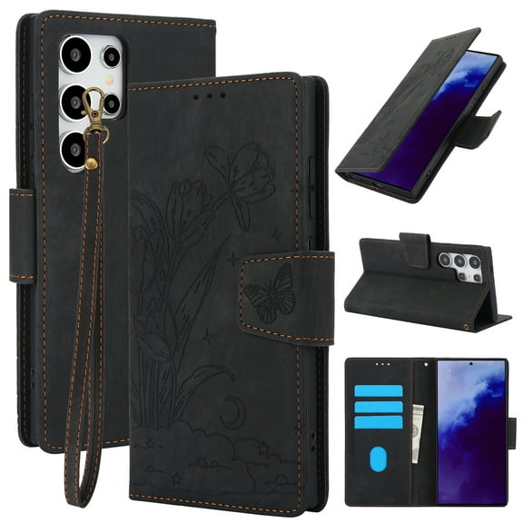 for Samsung Galaxy S23 Ultra Wallet case with RFID Blocking Credit Card Holder,Flip PU Leather Emboss Butterfly Flower Shockproof Anti-fall Protective Cover Women Men Phone case,Black