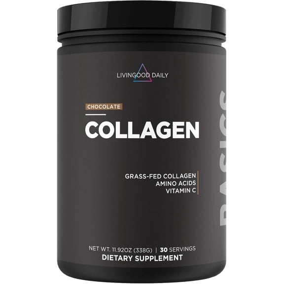 Livingood Daily Chocolate Collagen Powder for Women & Men, Hydrolyzed Collagen Peptides Powder with Vitamin C, Protein with 20 Amino Acids, Type I & III, Grass Fed, Keto, Paleo, Gluten Free, 30 Srvgs