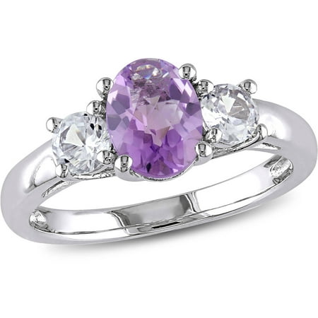 Tangelo 1-4/5 Carat T.G.W. Oval and Round-Cut Amethyst and Created White Sapphire Sterling Silver Three Stone Ring