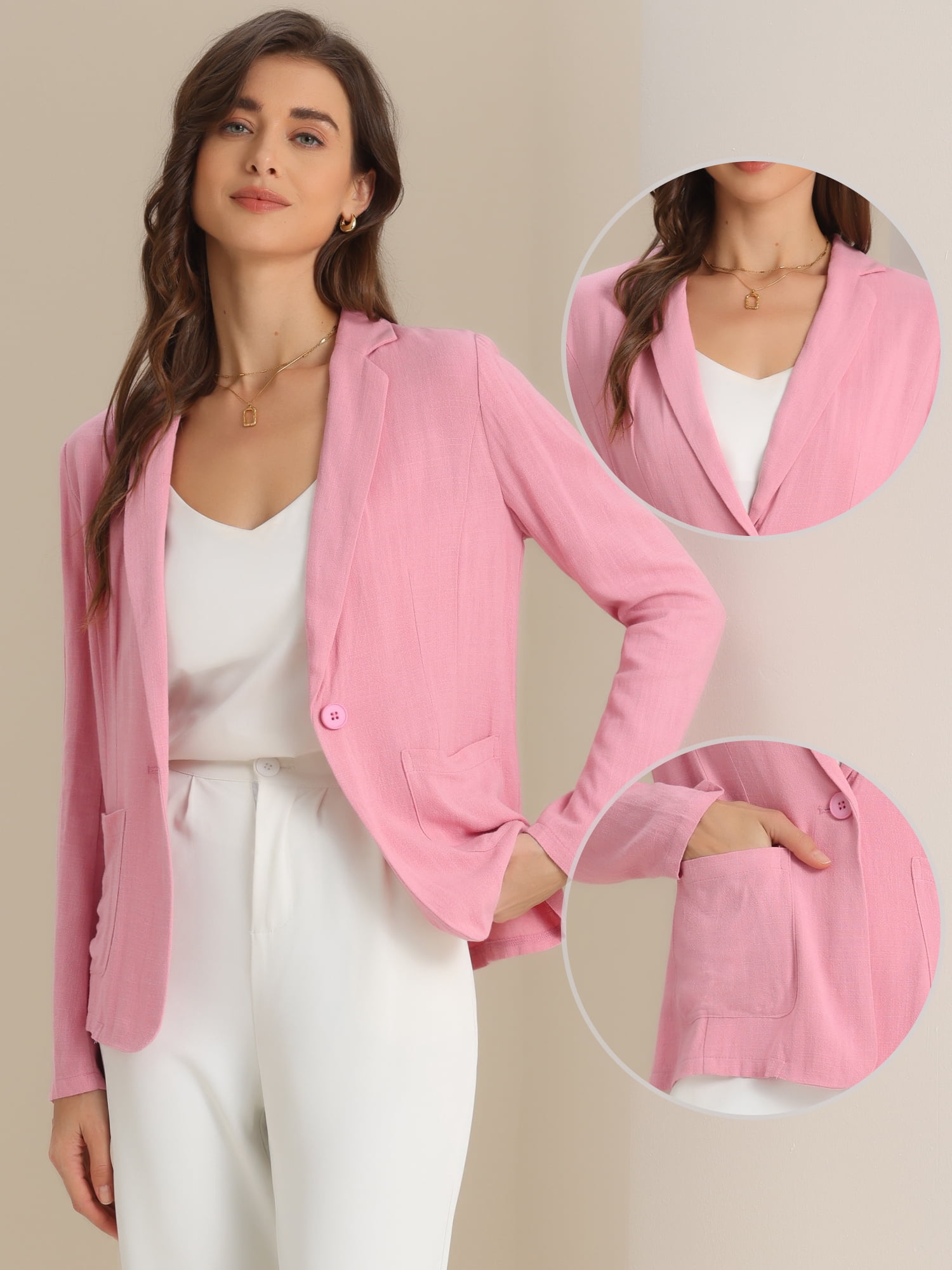 DARING DIVA  Women's Notch Lapel One Button Linen Blazer M Pink