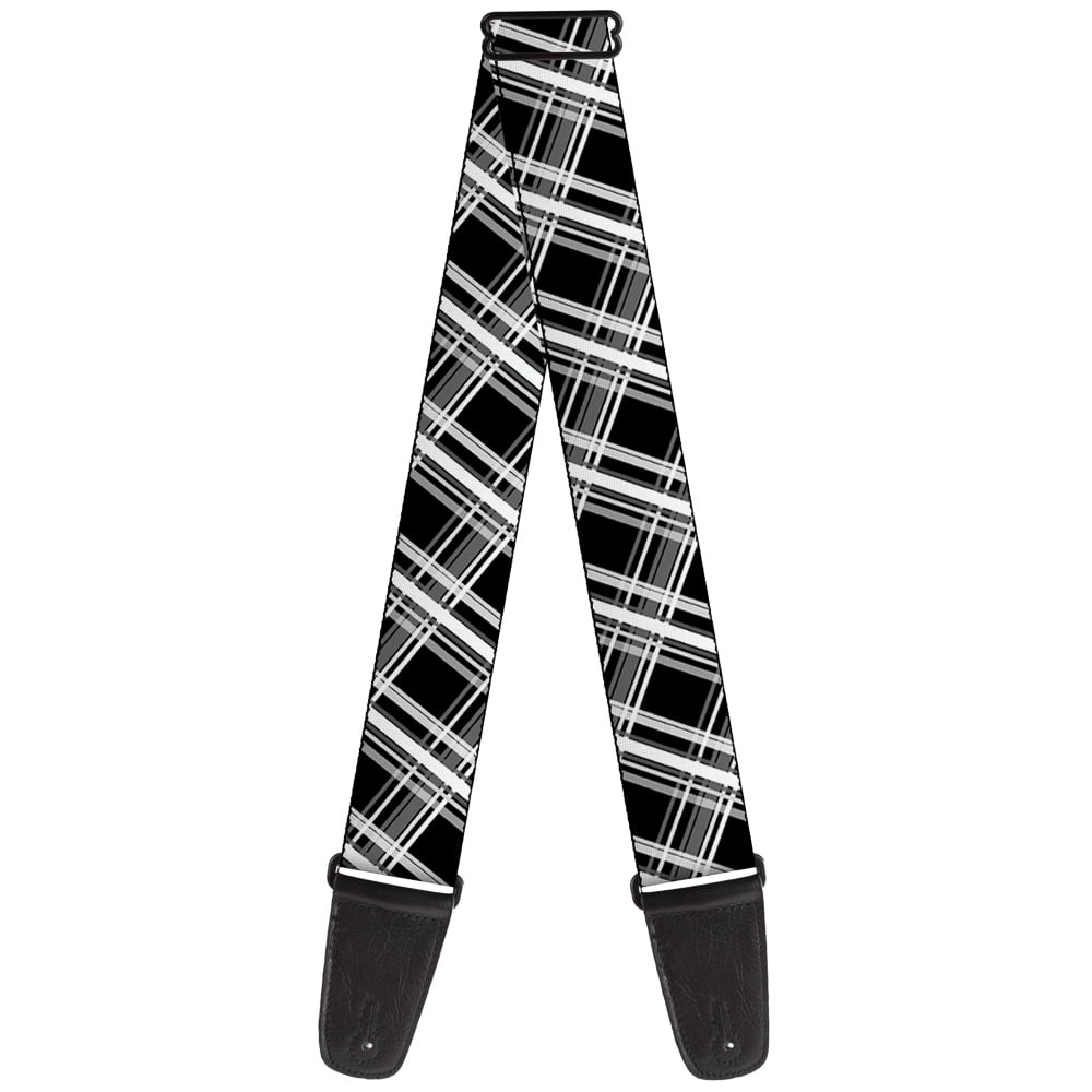 Buckle-Down Guitar Strap, Plaid X Black Grays White, 2 Inches Wide