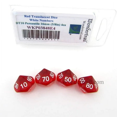 Red Transparent Dice with White Numbers DT10 16mm (5/8in) Pack of 4 Wondertrail