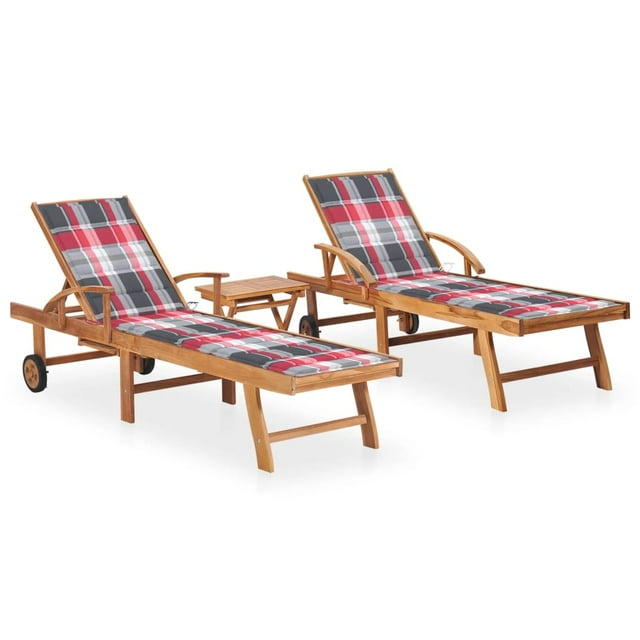 vidaXL Chaises Longues 2 Pcs avec Table et Coussin en Bois de Teck Massif