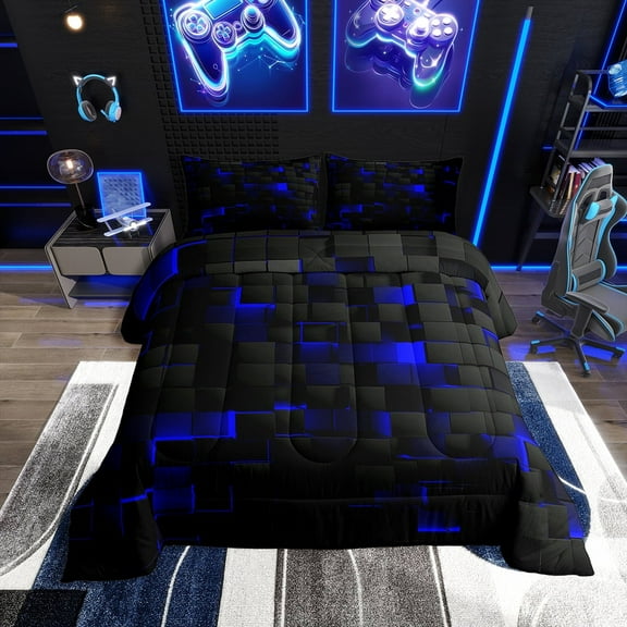 Teen Geometric Bedding Twin Black Navy Royal Blue Comforter Set Men,Neon Abstract Stereoscopic Check Grid Comforter Square Plaid Bed Duvet Sets 3D Modern Room Decor