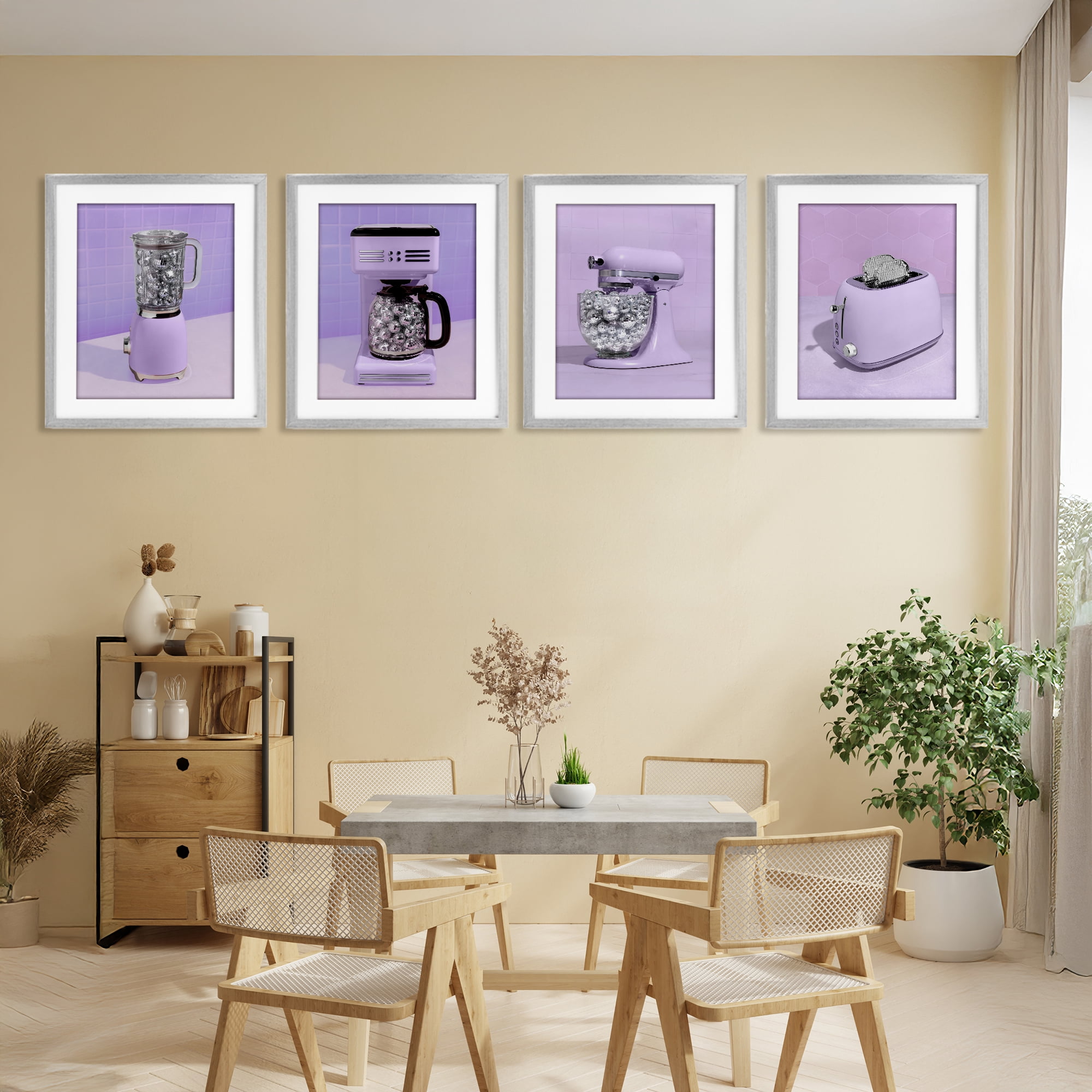 Stupell Industries Disco Kitchen Utensils in Purple 4 Piece Gray Framed Print Under Glass Set, design by LISH Creative