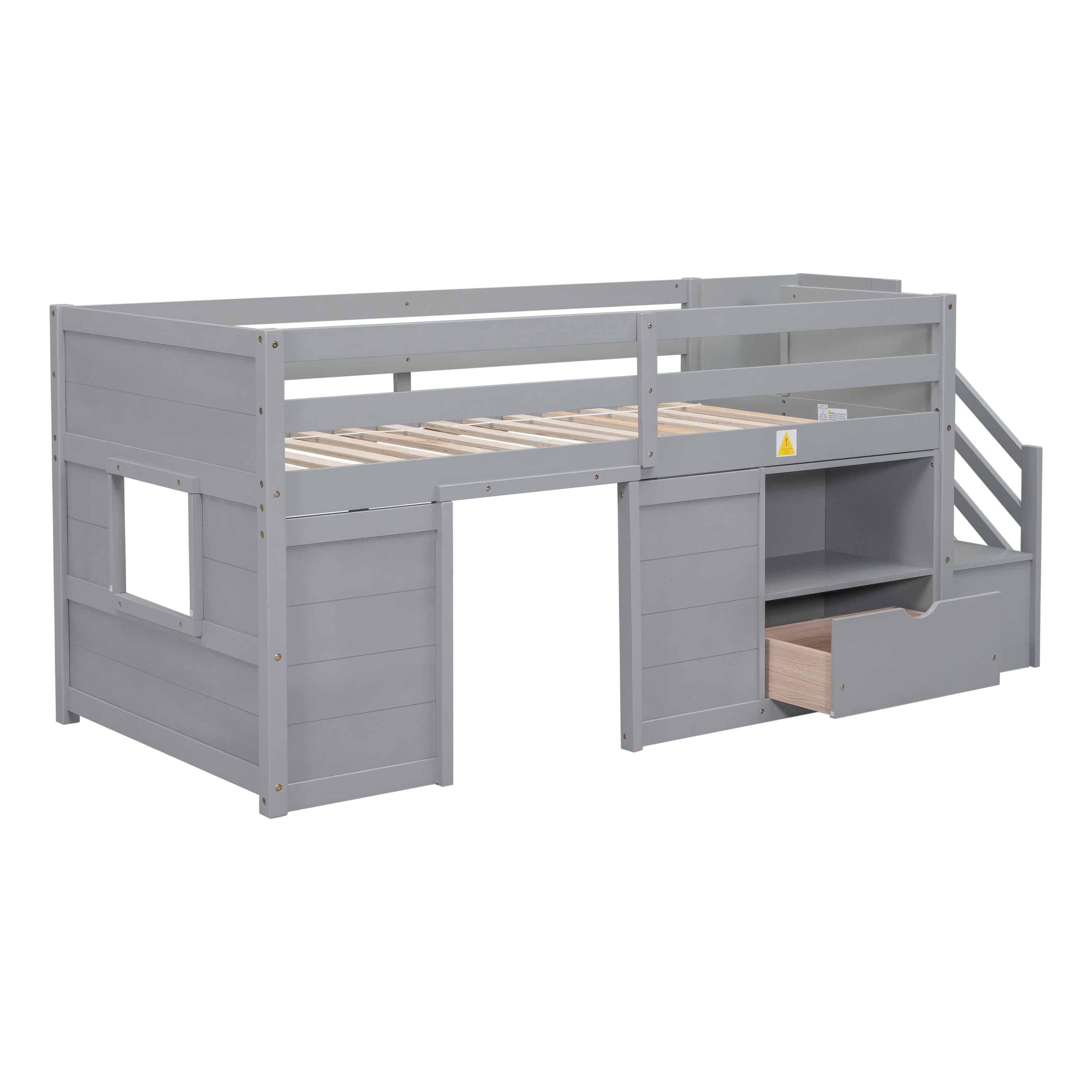Leumius Twin Size Loft Bed with Storage Stairs and Storage Drawers,Solid Wood Bed Frame with Large Under-Bed Space,Gray