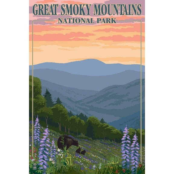Great Smoky Mountains National Park, Tennessee, Bear and Cubs with Flowers Press (12x18 Wall Art Poster, Room Decor)