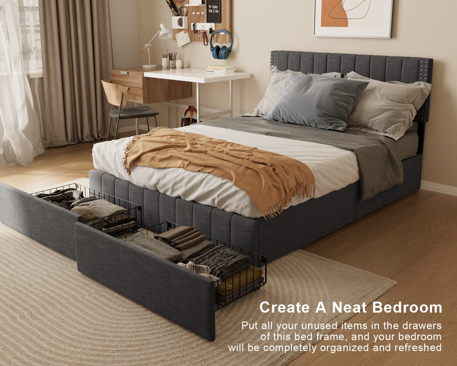 Lofka Full Bed Frame with 4 Drawers(Wheeled) and Adjustable Headboard Platform Bed Dark Grey
