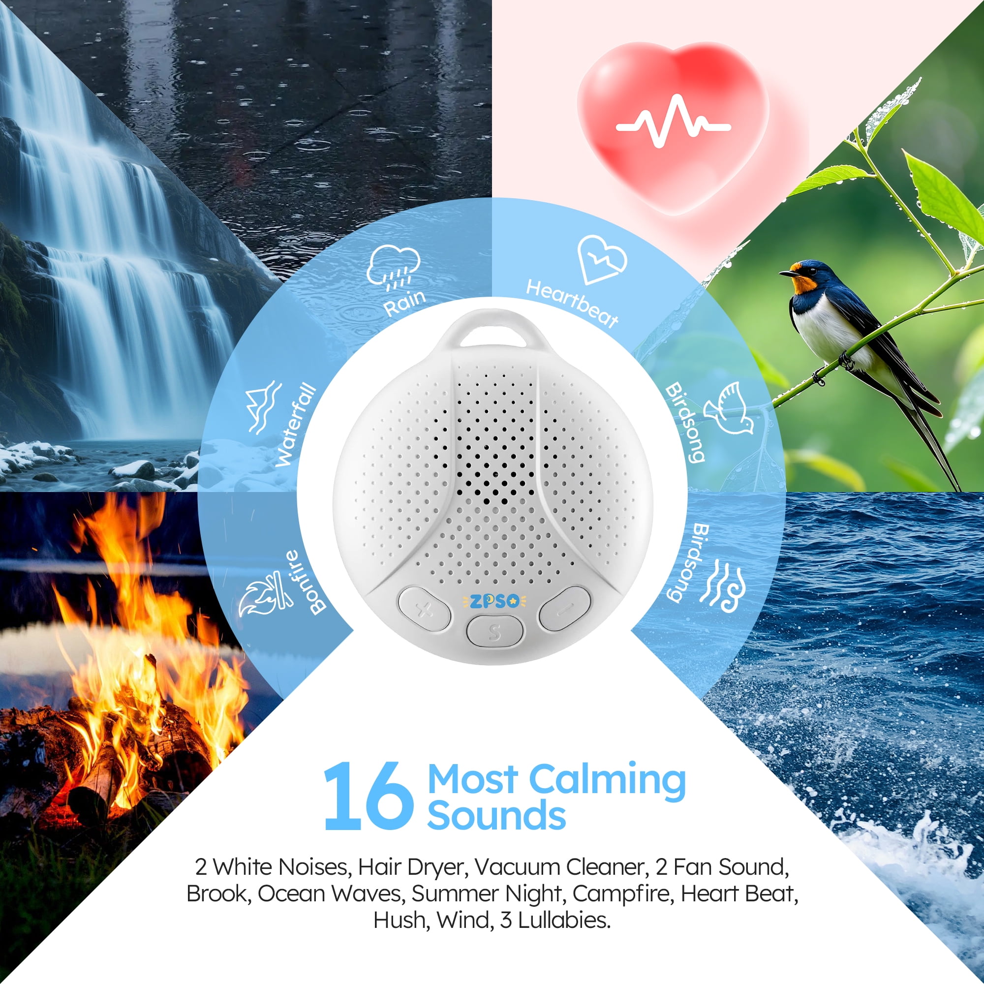 ZPSO White Noise Sound Machine, Portable Sleep Therapy Machine for Baby Adult, Night Light, 16 Soothing Nature Sounds for Home
