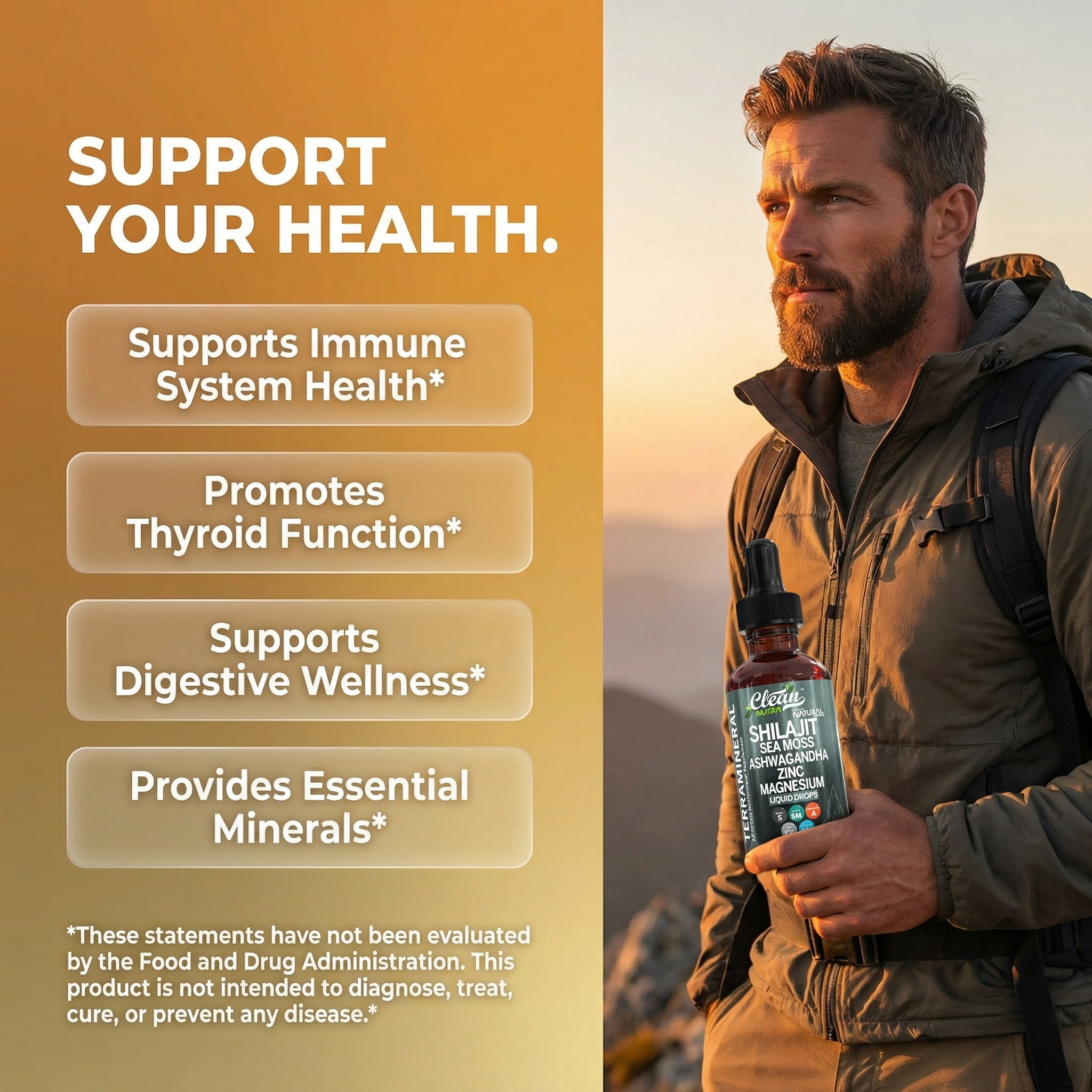 Clean Nutra Terra Mineral Shilajit Liquid Drops with Sea Moss, Ashwagandha, Zinc and Magnesium - Liquid Vitamins for Women and Men