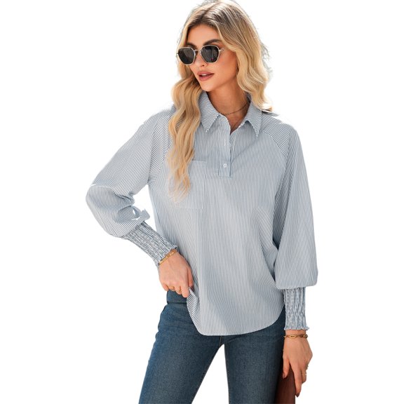 ZhiHiMeRi Women's Gray Pinstripe Blouse – Smocked Cuff Office Shirt 2XL