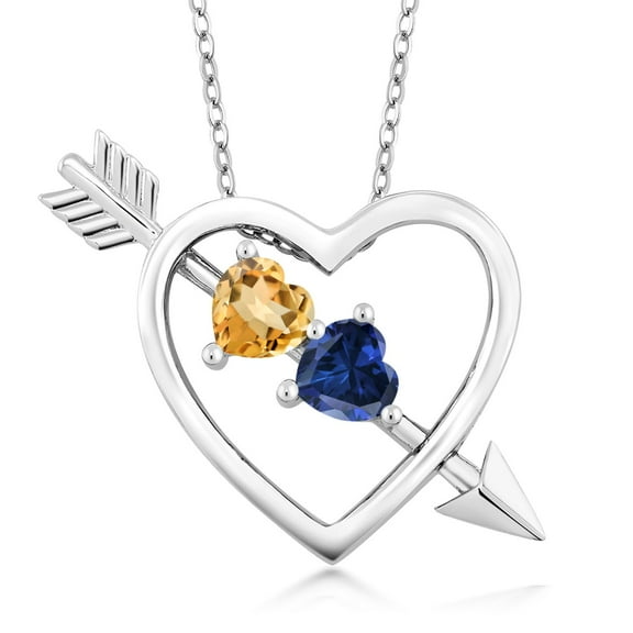 Gem Stone King 925 Sterling Silver Yellow Citrine and Created Sapphire Heart and Arrow Pendant Necklace for Women (1.07 Cttw, Gemstone Birthstone, with 18 inch Silver Chain)