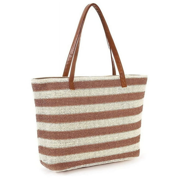 Straw Bag Beach Tote Bag Soft Tote Bag with Zipper Beach Handbag with Stripe Woven Shoulder Bag Khaki