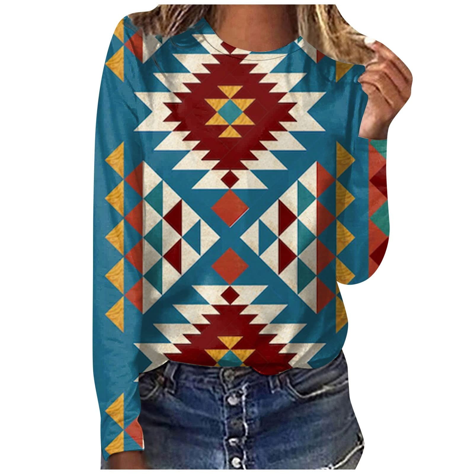 Women's Western Aztec Tops Long Sleeve Crewneck Vintage Tee Shirts Tops Ethnic Graphic Fall