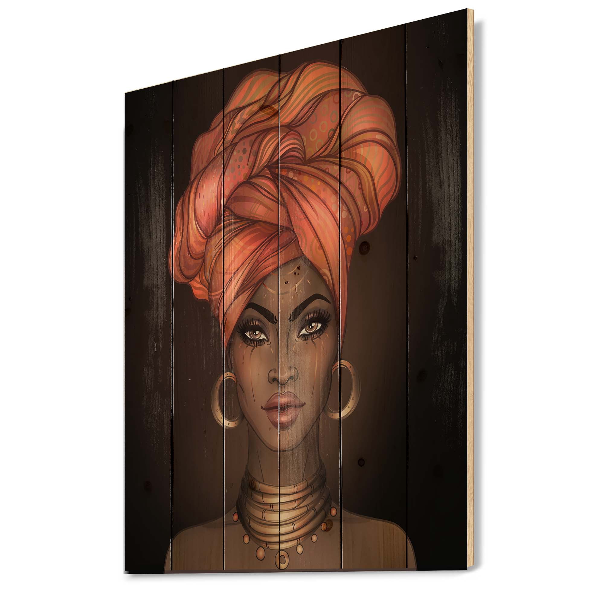 Designart 'African American Woman Portrait with Turban V' Modern Print on Natural Pine Wood