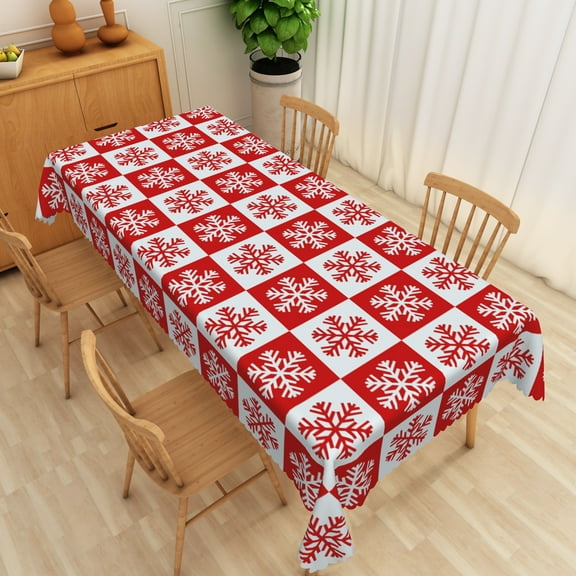 Nanqianyi Christmas Rectangular Tablecloth 60 x 102 inch, Red and White Checkered Snowflakes Pattern For Kitchen Dinner Decor, Christmas Family Gathering