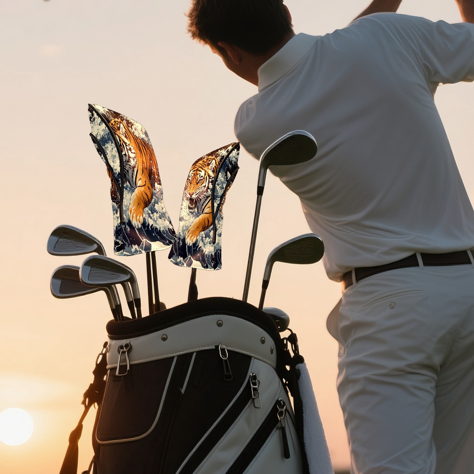 Golf Club Covers PU Leather Waterproof Head Covers for Fairway Woods Hybrids Fierce Animals Unisex Fits Most Brands
