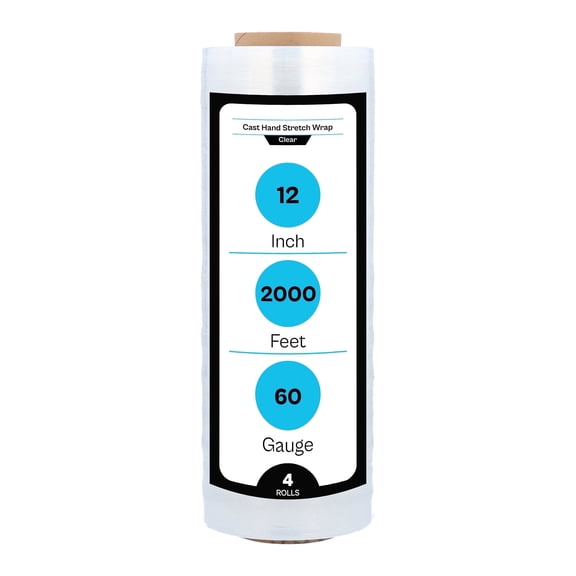 MMBM Cast Hand Stretch Wrap 12" x 2000' 4 Rolls 60 Gauge Clear Tear Resistant Film for Moving and Packaging