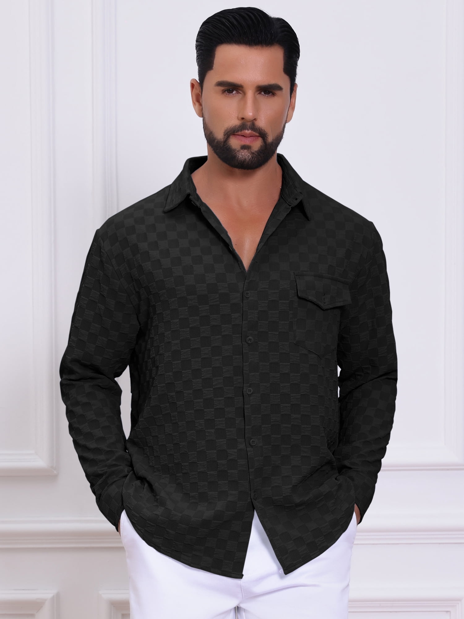DARING DIVA Men's Plaid Textured Casual Long Sleeve Button Down Shirt XL Black